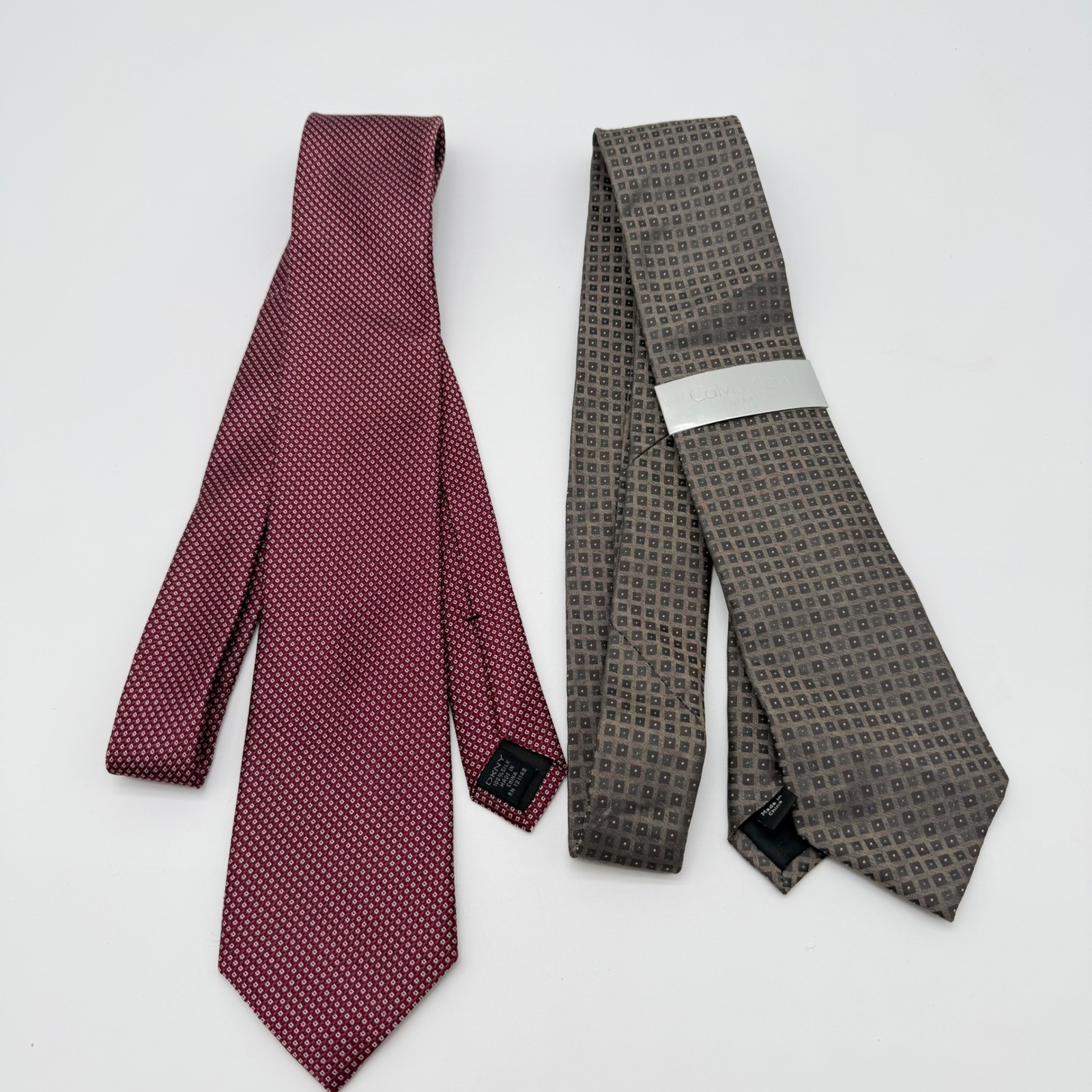 Dkny And Calvin Klein Mens100%Silk Tie Lot Burgundy Taupe Geometric Pattern